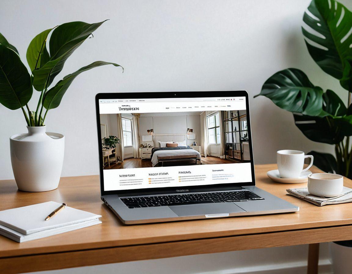 A sophisticated and tasteful composition with a sleek laptop on a modern desk, showcasing a website with high-quality video thumbnails. The setting is an elegant and upscale home decor, reflecting a luxurious lifestyle. Ensure the image is suggestive yet refined, maintaining a classy perspective. Vibrant and eye-catching colors, ensuring discretion and subtlety. super-realistic. white background.