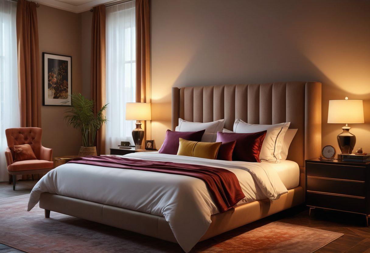 A luxurious and sophisticated bedroom setting, with silky sheets and elegant decor, exuding an aura of premium, high-class intimacy. Subtle, provocative shadows and soft, warm lighting enhance the atmosphere. Include a modern laptop or streaming device, discreetly showcasing tantalizing, high-quality adult content. super-realistic. moody lighting. rich colors.